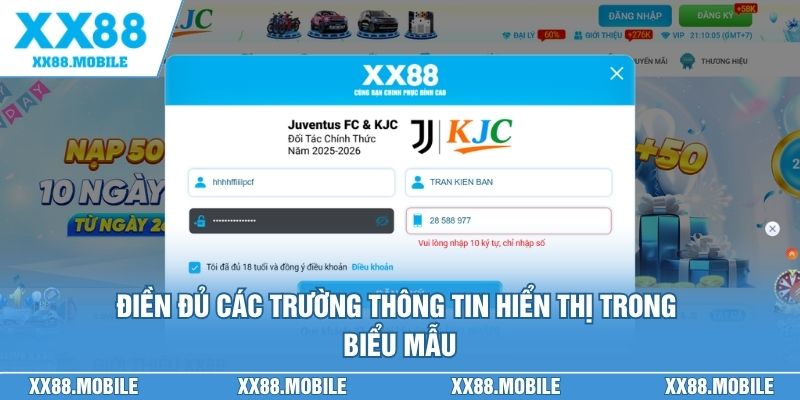 Điền đủ các trường thông tin hiển thị trong biểu mẫu